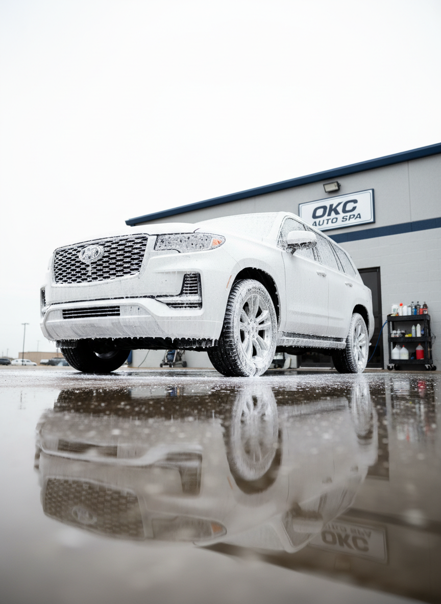 A dramatic, low-angle shot of a white SUV undergoing foam wash pre-detail outside an Oklahoma City facility, completely covered in thick, uniform snow-white foam that clings to every contour, grille opening, and side mirror. The ground beneath is wet and reflective, mirroring the vehicle’s silhouette. The backdrop shows a tidy, branded detailing building with simple signage and organized equipment tucked away. The sky is bright but slightly overcast, providing soft, even natural light that minimizes harsh shadows while making the foam’s texture stand out. The composition uses the rule of thirds, placing the SUV slightly off-center, with the foam lance and hoses intentionally out of frame to keep the focus on the vehicle. The mood is dynamic and action-oriented, conveyed through crisp, true-to-life photographic realism.