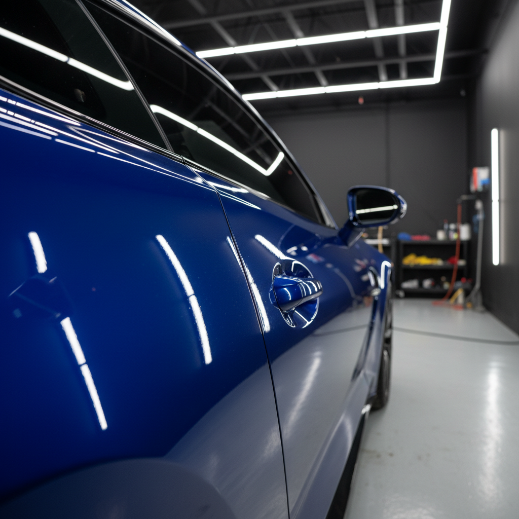 A close-up of a deep blue sports car door panel after meticulous paint correction, the metallic flake in the paint sparkling subtly under bright shop lights. Fine swirl marks and scratches are absent, leaving a flawless, glassy surface that reflects the orderly detailing studio. The car rests inside a modern Moore, Oklahoma garage with a smooth epoxy floor and matte charcoal walls. Linear LED light bars on the ceiling create precise, parallel reflections that showcase the paint clarity. Captured from a low, angled macro perspective, the focus is tight on the curvature of the panel while the rest of the vehicle falls softly out of focus. The atmosphere is technical and exacting, with a photographic, high-contrast look that highlights craftsmanship and attention to detail.