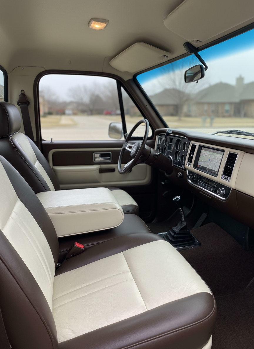 An immaculately detailed pickup truck interior, featuring a two-tone leather dashboard and seats restored to a rich, even matte finish, free of dust, stains, or shine. The center console is spotless, with carefully aligned buttons, a crystal-clear infotainment screen, and neatly conditioned leather armrest. The truck is parked outdoors in Norman, Oklahoma, with soft overcast daylight filtering through the open doors and windows, casting diffuse, natural light across the cabin. The camera is positioned from the rear passenger side at a slightly elevated angle, capturing the front seats, console, and dash in sharp focus while the suburban neighborhood outside blurs gently. The mood is comfortable and refined, emphasizing cleanliness and order, with photographic realism and a calm, welcoming atmosphere.
