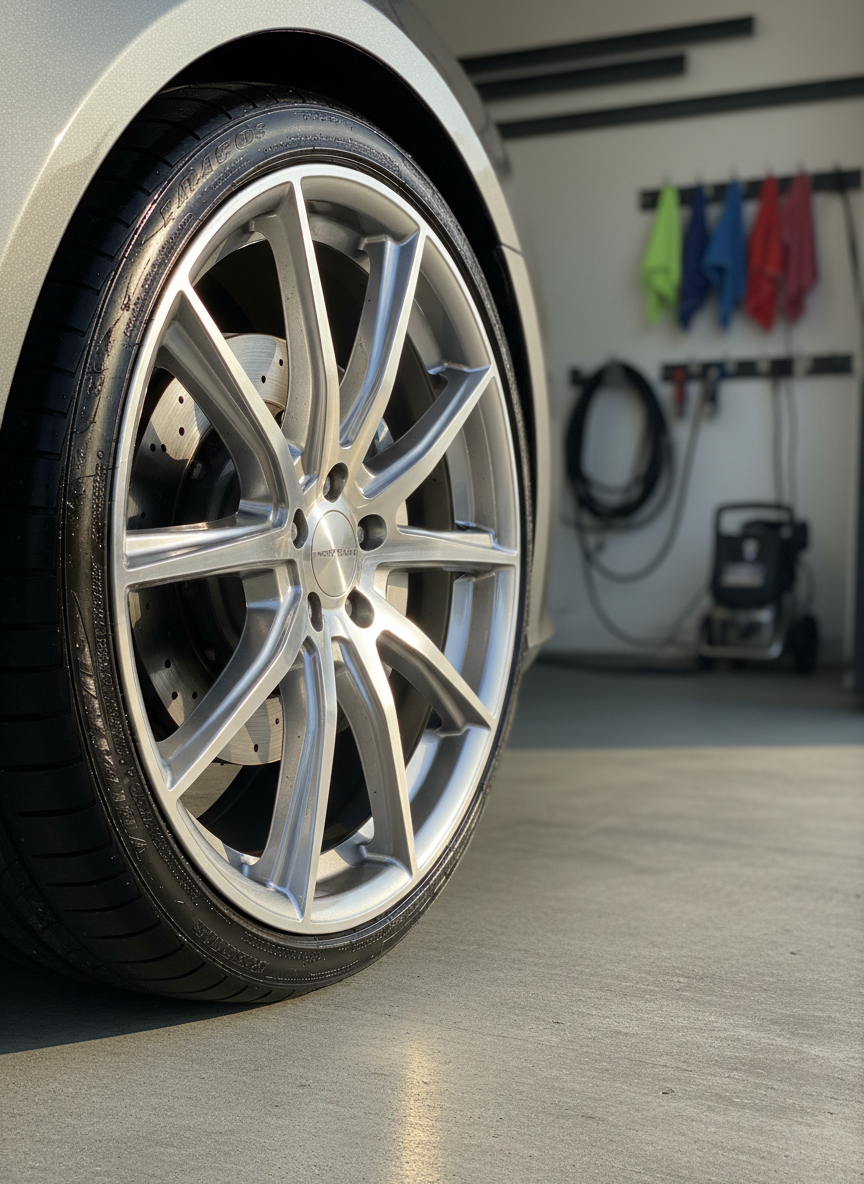 A high-end alloy wheel and low-profile tire freshly detailed, with the wheel’s intricate spokes free from brake dust and the tire dressed to a deep, even satin finish. Tiny water beads cling to the sidewall, hinting at a recent careful wash. The vehicle is positioned on a clean concrete pad just outside a professional detailing shop, with the open bay door and neatly coiled hoses softly visible in the background. Late afternoon sunlight creates a warm, directional glow, casting subtle shadows through the spokes and adding depth to the metallic surfaces. Shot from a low, close-up angle at the wheel’s level, the composition emphasizes the precision of the work with a shallow depth of field. The atmosphere is meticulous and focused, with crisp photographic realism and a modern, professional tone.