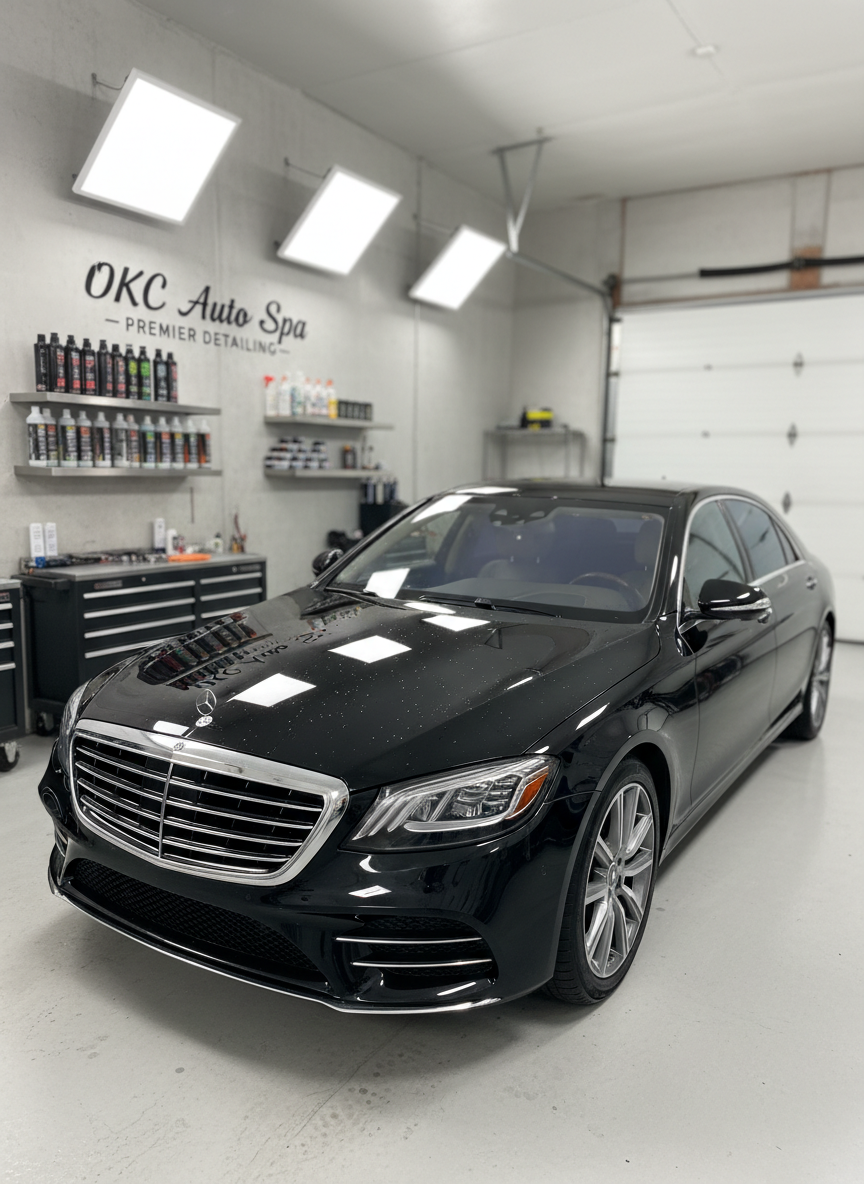 A gleaming black luxury sedan parked in a spotless detailing bay, its paint perfectly polished to a mirror-like gloss that reflects the ceiling lights and nearby tool cabinets. Water beads in precise droplets along the hood and fenders, showing an immaculate ceramic coating. The environment features a clean, organized shop in Oklahoma City style, with neutral gray walls, subtle branding on the back wall, and neatly arranged detailing products on stainless-steel shelves. Bright, even overhead LED lighting creates crisp reflections and sharp details. Photographed at eye level from the front three-quarter angle with shallow depth of field, keeping the car in sharp focus while gently blurring the background. The mood is professional, premium, and trustworthy, emphasizing photographic realism and a clean, modern aesthetic.