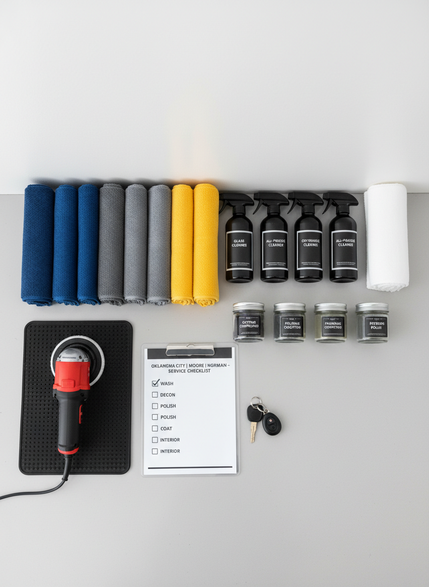 An overhead view of a detailer’s perfectly organized workstation, featuring neatly arranged microfiber towels in graded colors, labeled spray bottles of specialized cleaners, premium polishing compounds, and a compact dual-action polisher resting on a clean rubber mat. Below, a laminated checklist labeled for services in Oklahoma City, Moore, and Norman lies beside a set of pristine car keys. The station sits on a smooth, light gray workbench against a matte white wall, creating a minimalist backdrop. Soft studio-style lighting from above produces gentle shadows and clear, readable labels without glare. The camera’s bird’s-eye composition keeps everything in sharp focus, emphasizing order and professionalism. The mood is calm, methodical, and trustworthy, presented with clean photographic realism that reflects a premium, detail-obsessed auto detailing business.